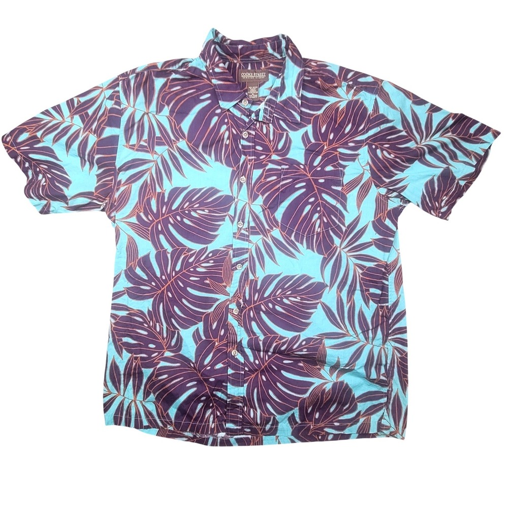 Cooke Street Mens XL Hawaiian Shirt Teal Purple Monstera Leaf Cotton Button Down